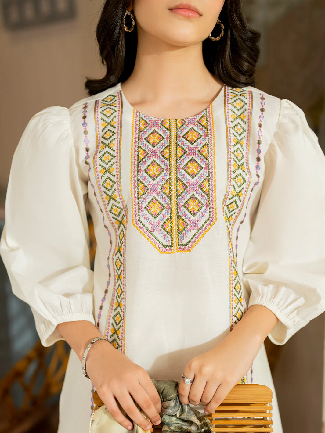 Embroidered Shirt with trousers-Cream Color