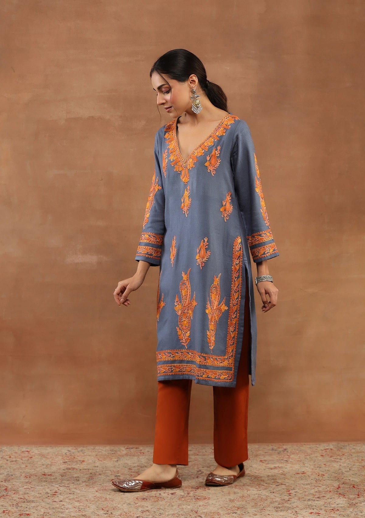 Powder Blue color Embroidered Woolen Kurta