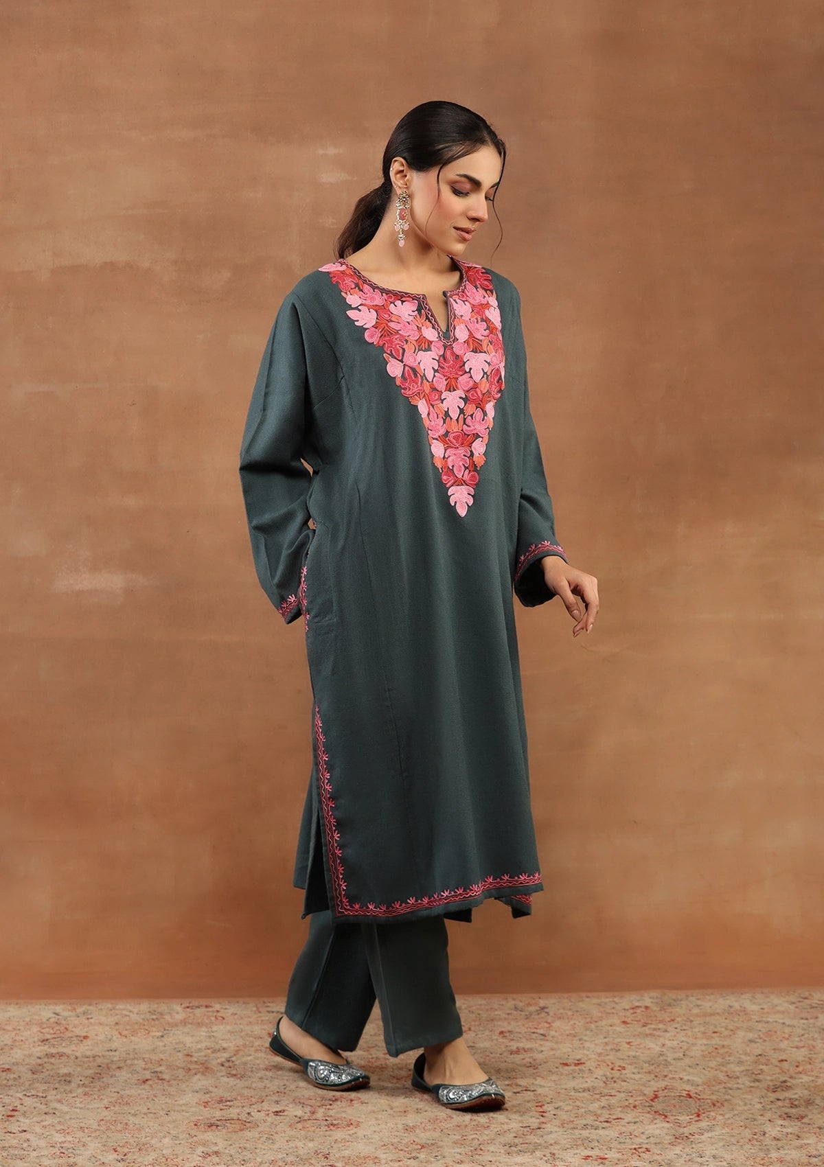 Dark Green color Embroidered Woolen Kurta