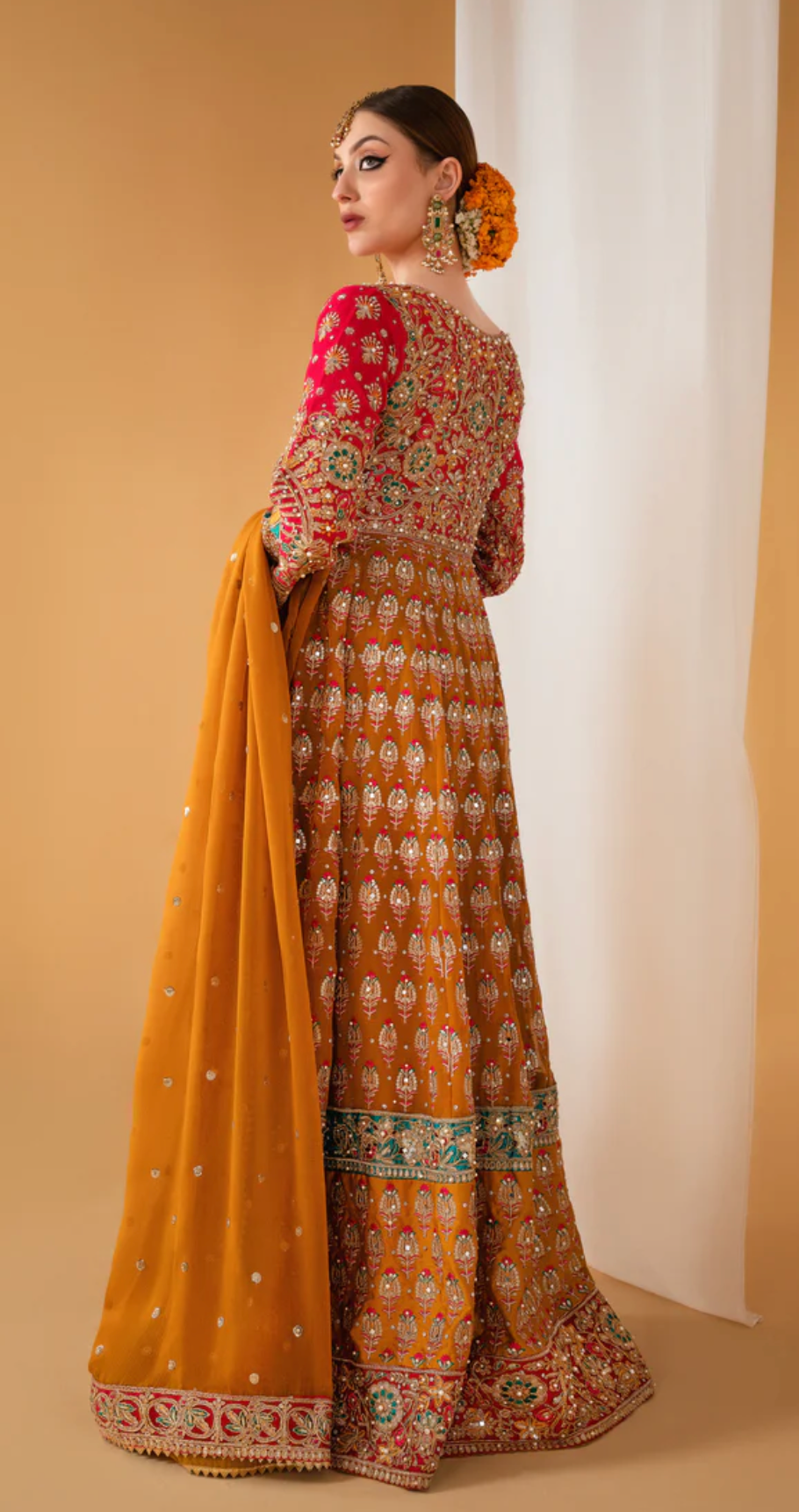 Shocking Pink and Orange Long Dress 4pc suit