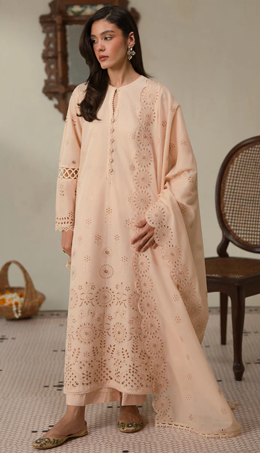 Chikankari lawn3 peice Shalwar Kameez- Peach
