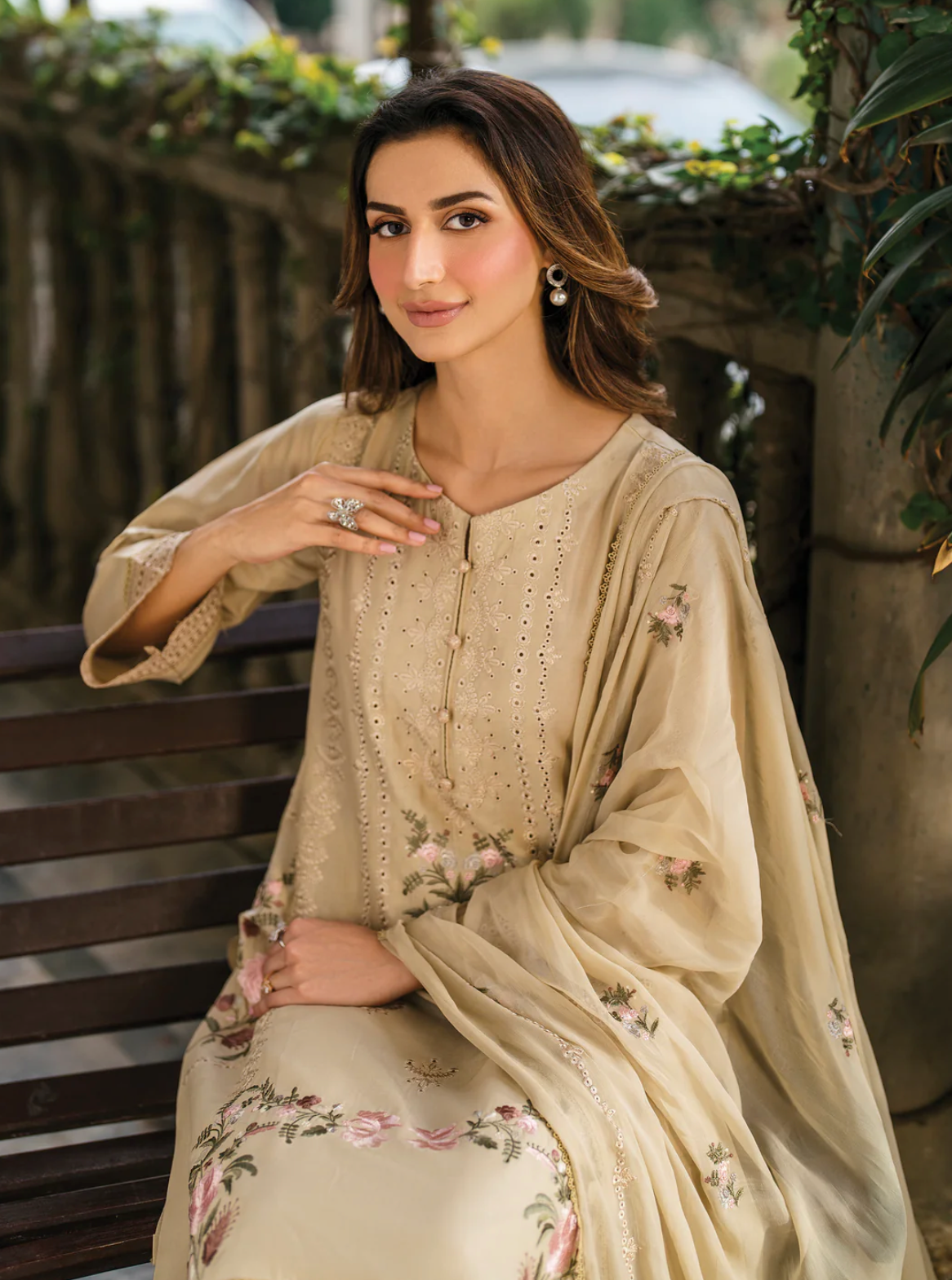 Beige Embroidered 3 piece suit