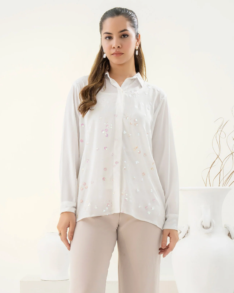 Embroidered /dull white / crepe shirt