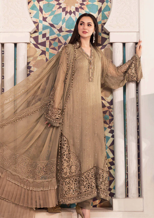 Coffee color/Embroidered Pure Chiffon 3 pc suit