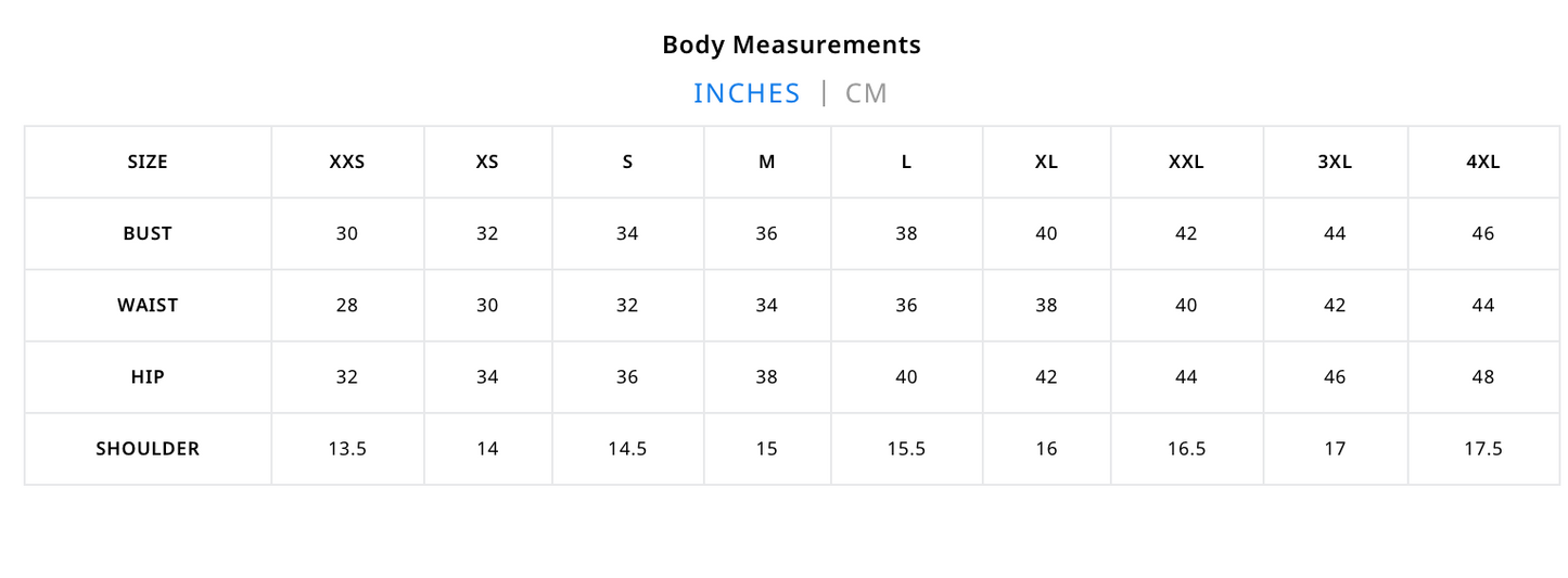 Body measurements chart in inches and centimeters with size labels.