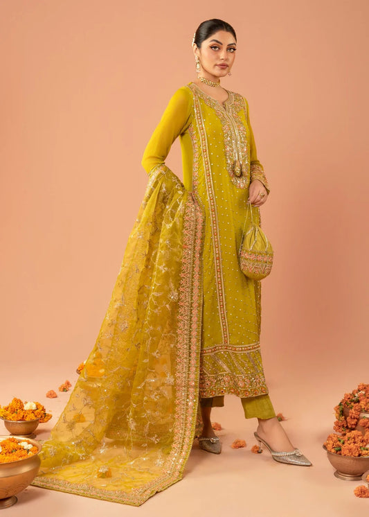 Chiffon Olive Green 3 pcs long kurta with trousers & Dupatta