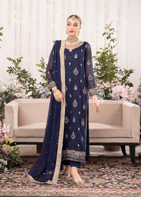 Chiffon Dark Royal Blue 3 pcs long kurta with trousers & Dupatta