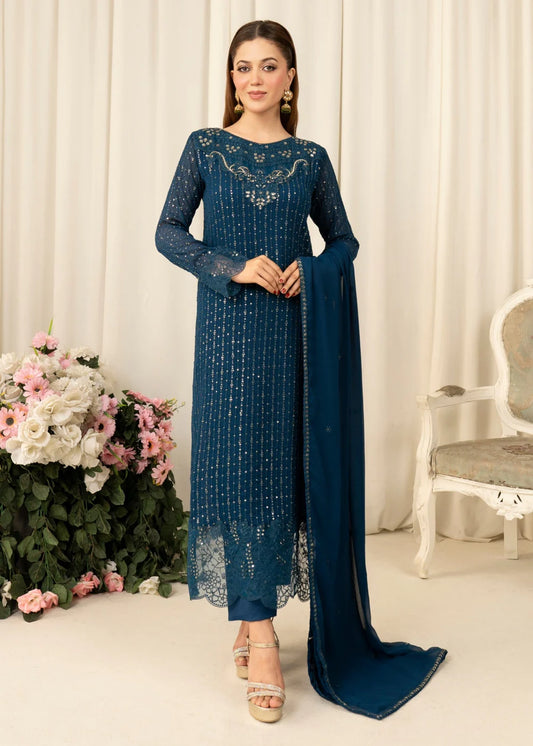 Chiffon Teal 3 pcs long kurta with trousers & Dupatta