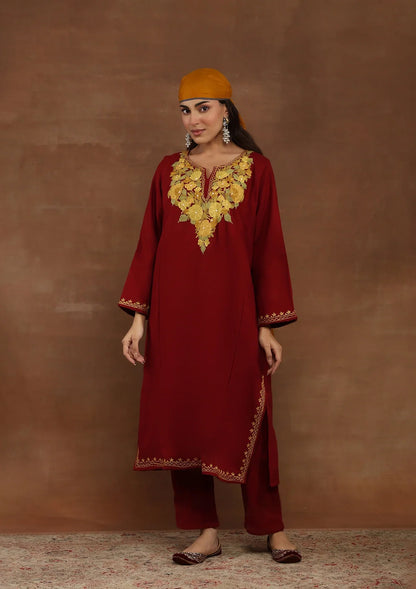Blood Red Embroidered Woolen Kurta