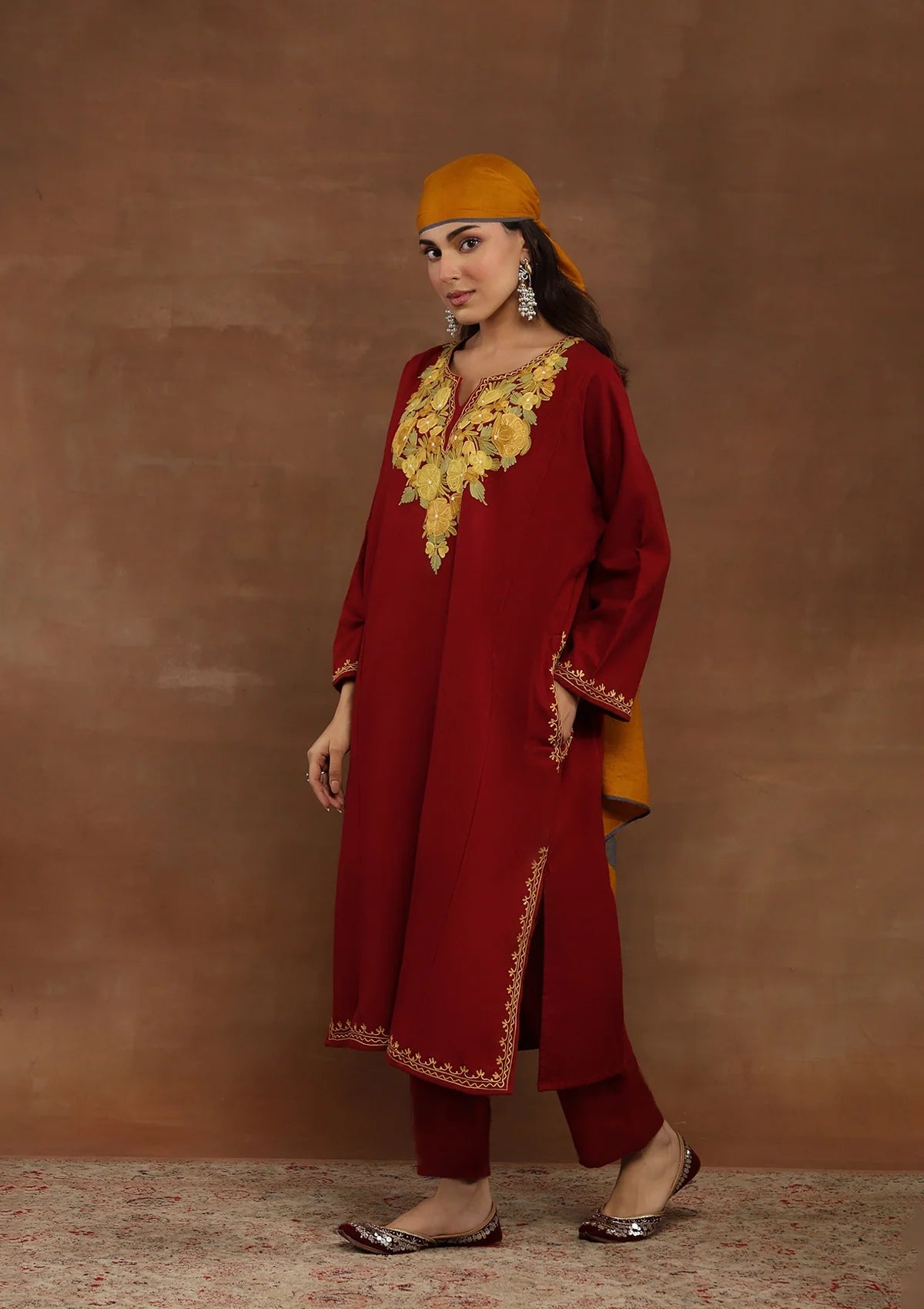 Blood Red Embroidered Woolen Kurta