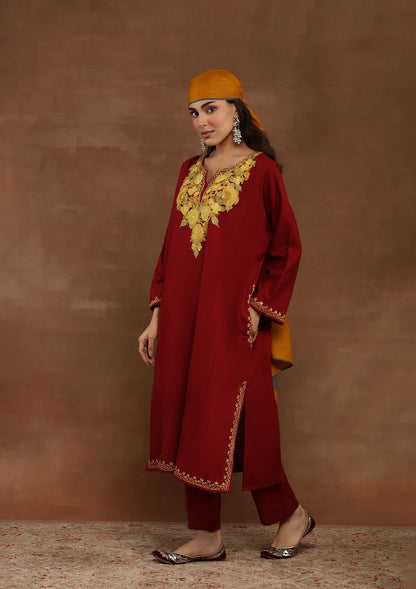 Blood Red Embroidered Woolen Kurta