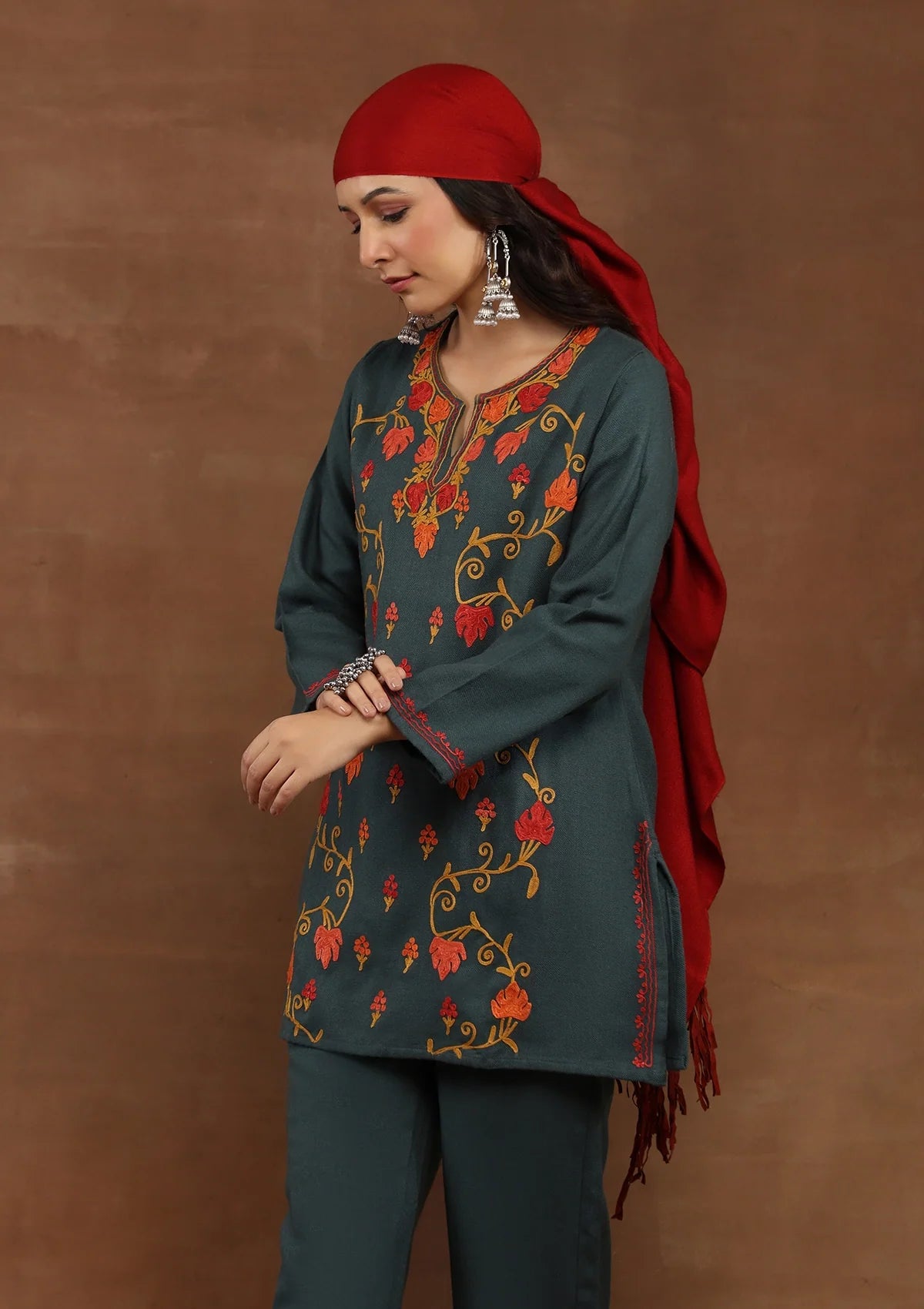 Dark Green Embroidered Woolen Kurta