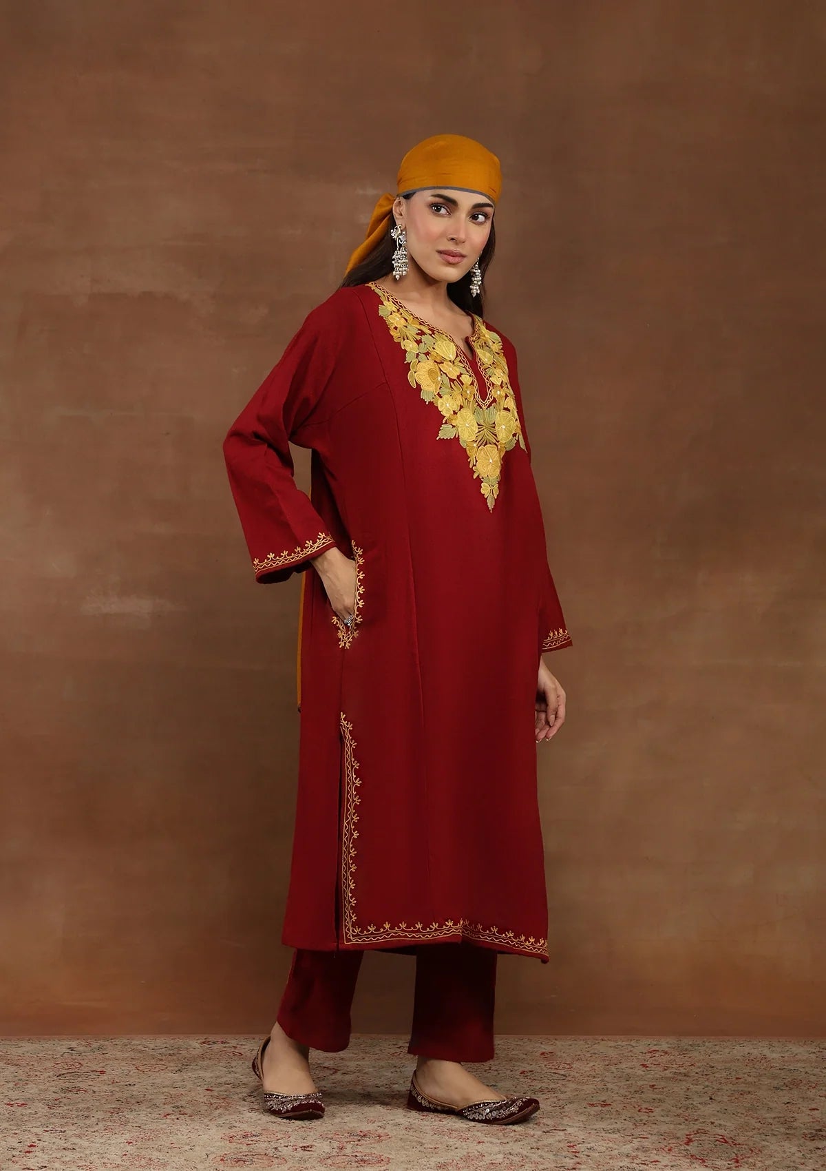 Blood Red Embroidered Woolen Kurta