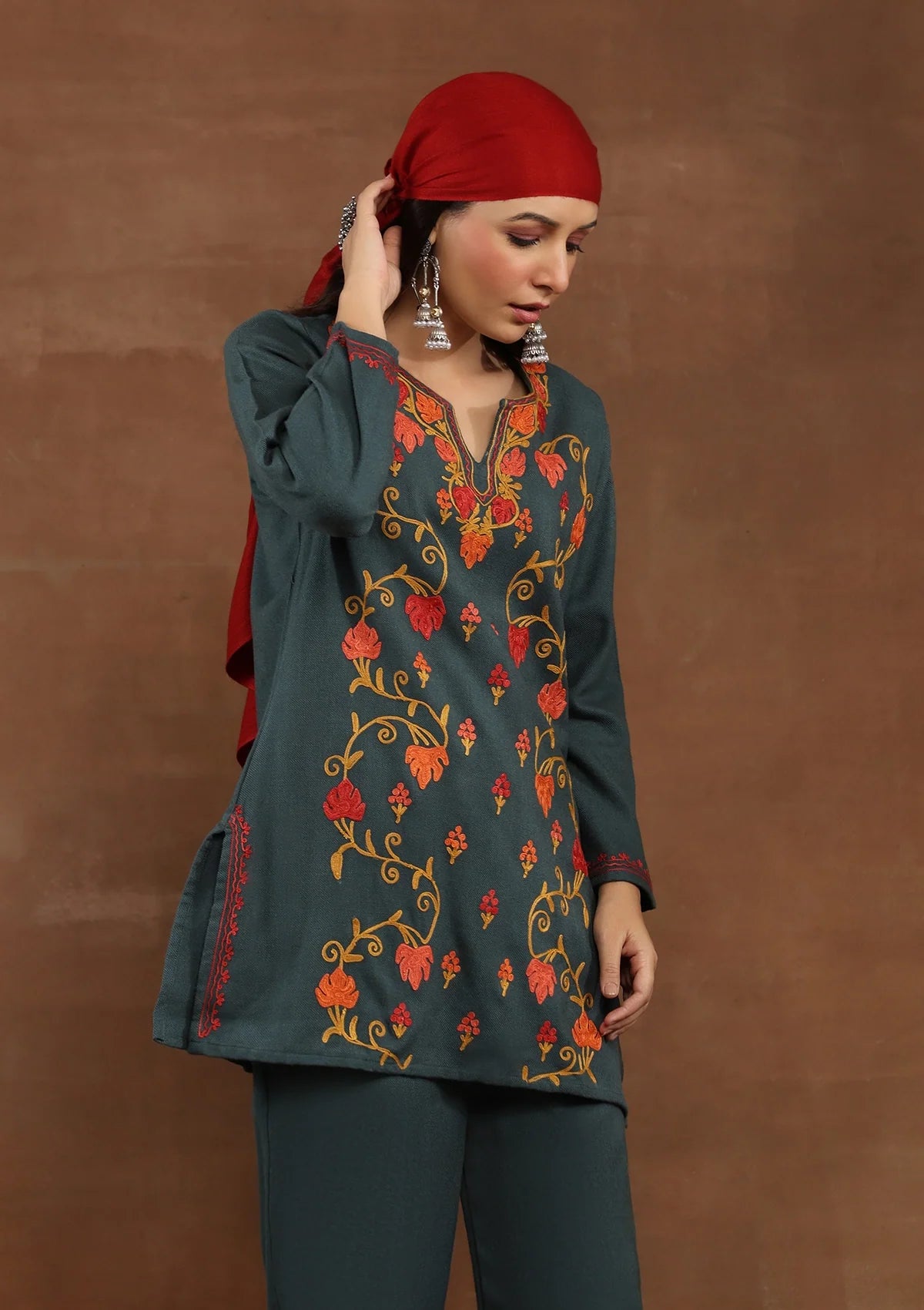 Dark Green Embroidered Woolen Kurta