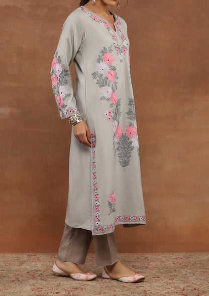 Grey Embroidered Woolen Kurta