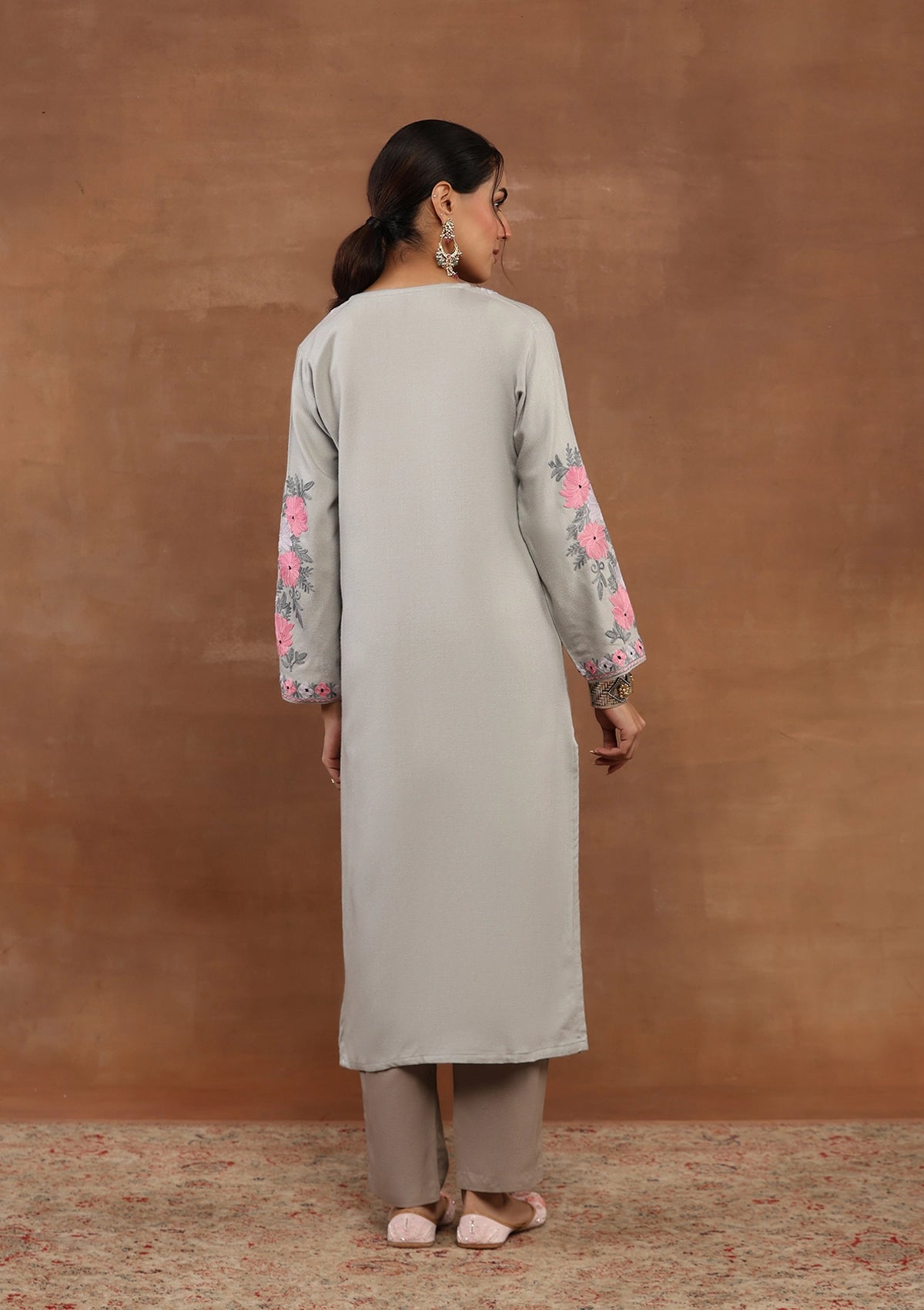 Grey Embroidered Woolen Kurta