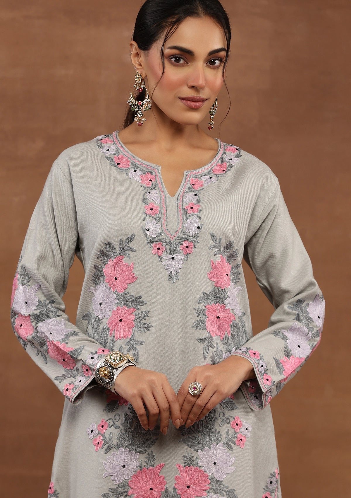 Grey Embroidered Woolen Kurta