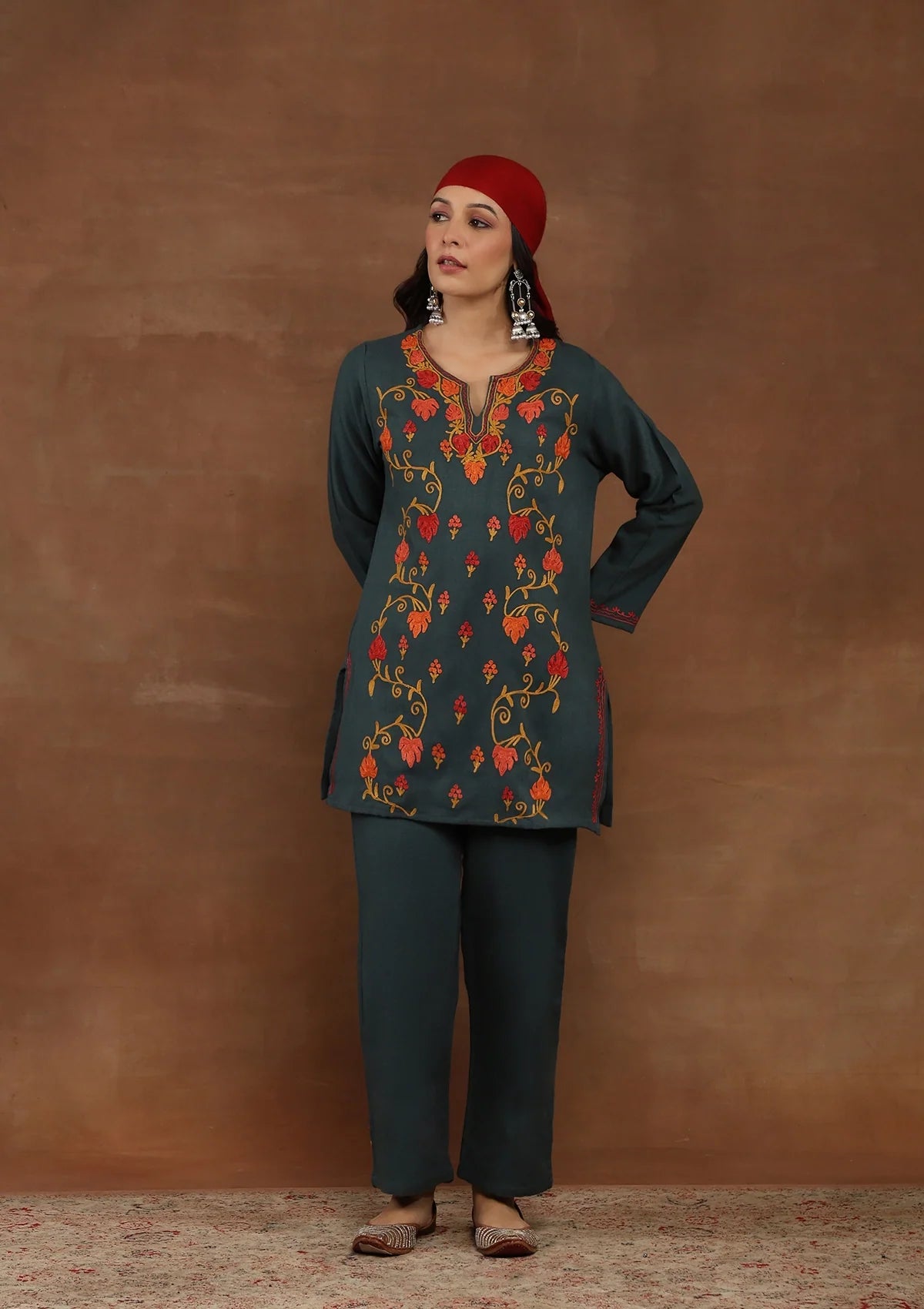 Dark Green Embroidered Woolen Kurta