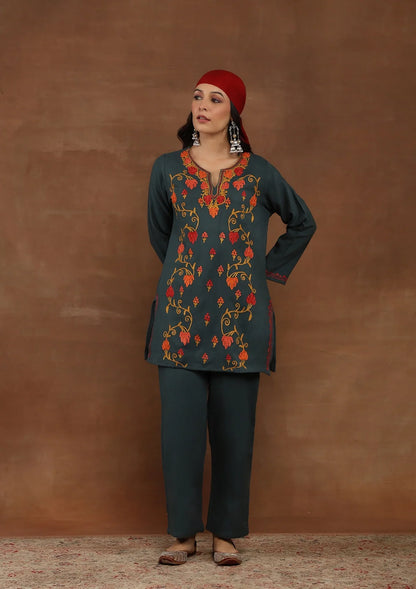 Dark Green Embroidered Woolen Kurta