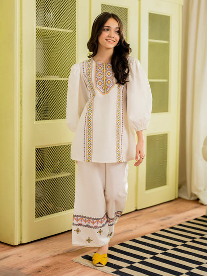 Embroidered Shirt with trousers-Cream Color