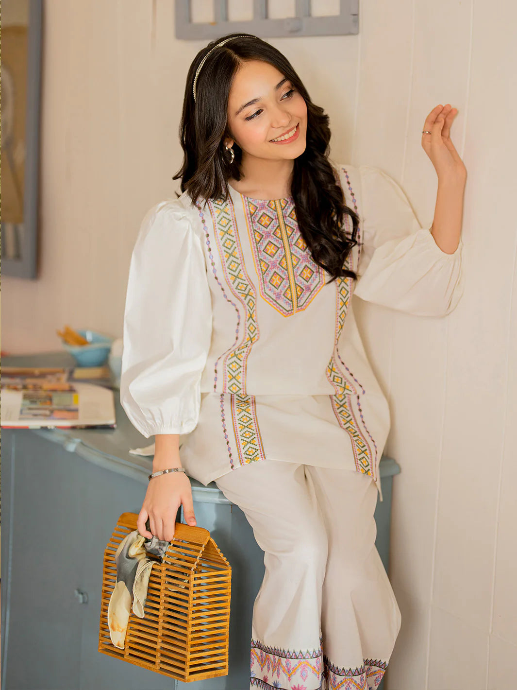 Embroidered Shirt with trousers-Cream Color