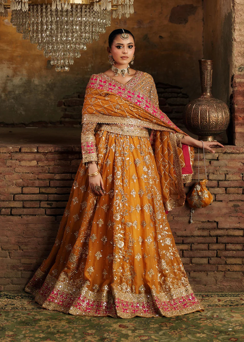 Orange  Chiffon Lehenga choli with embellishments/3 pcs