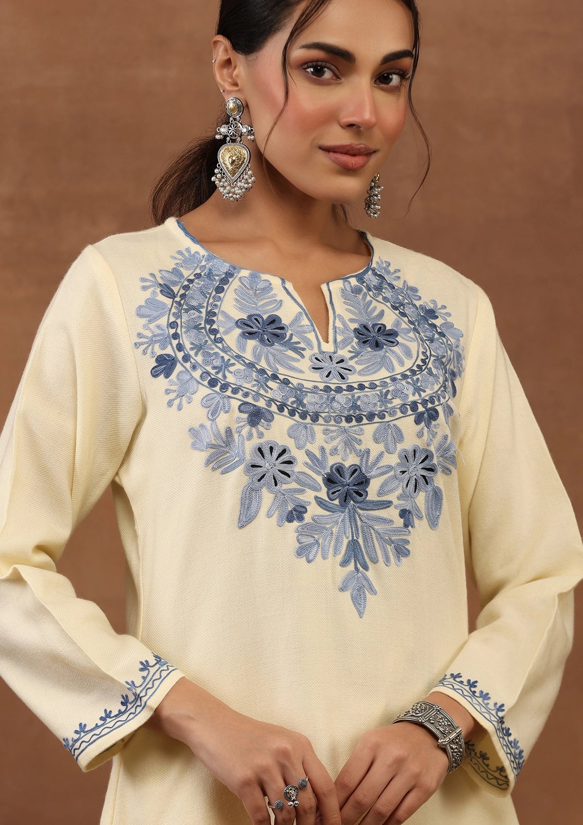 Creme color 2pcs Embroidered Woolen Kurta with shawl