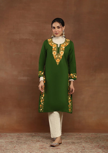 Green color  Embroidered Woolen Kurta