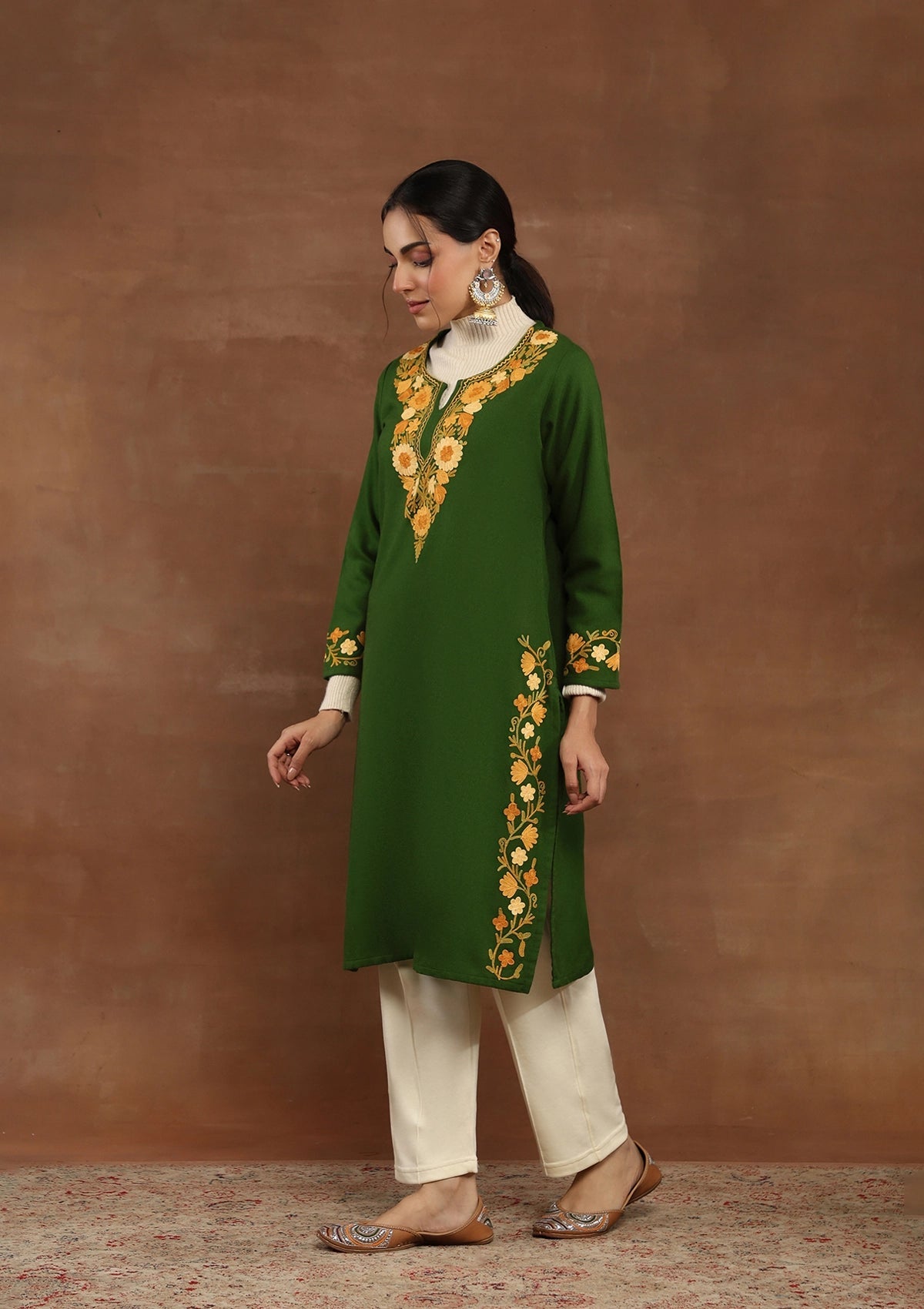 Green color  Embroidered Woolen Kurta