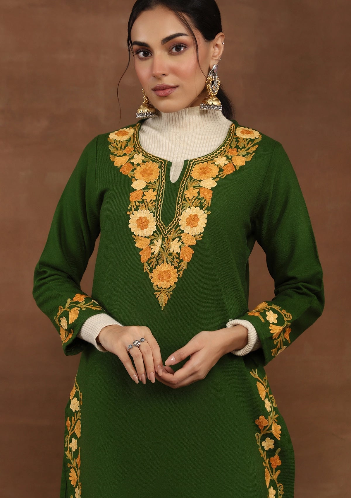 Green color  Embroidered Woolen Kurta