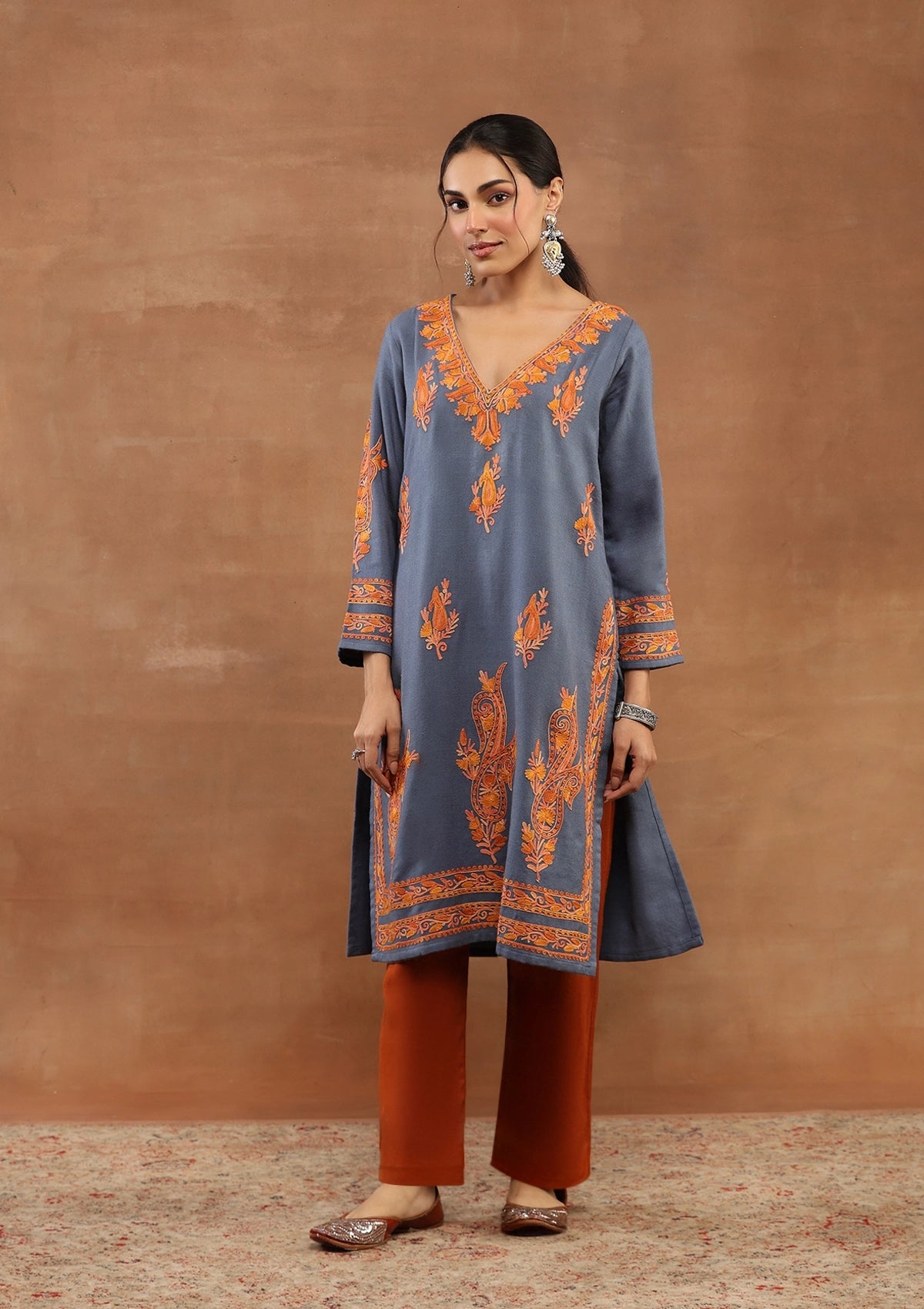 Powder Blue  color Embroidered Woolen Kurta
