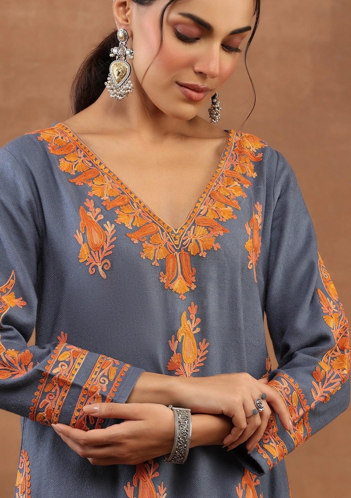 Powder Blue  color Embroidered Woolen Kurta