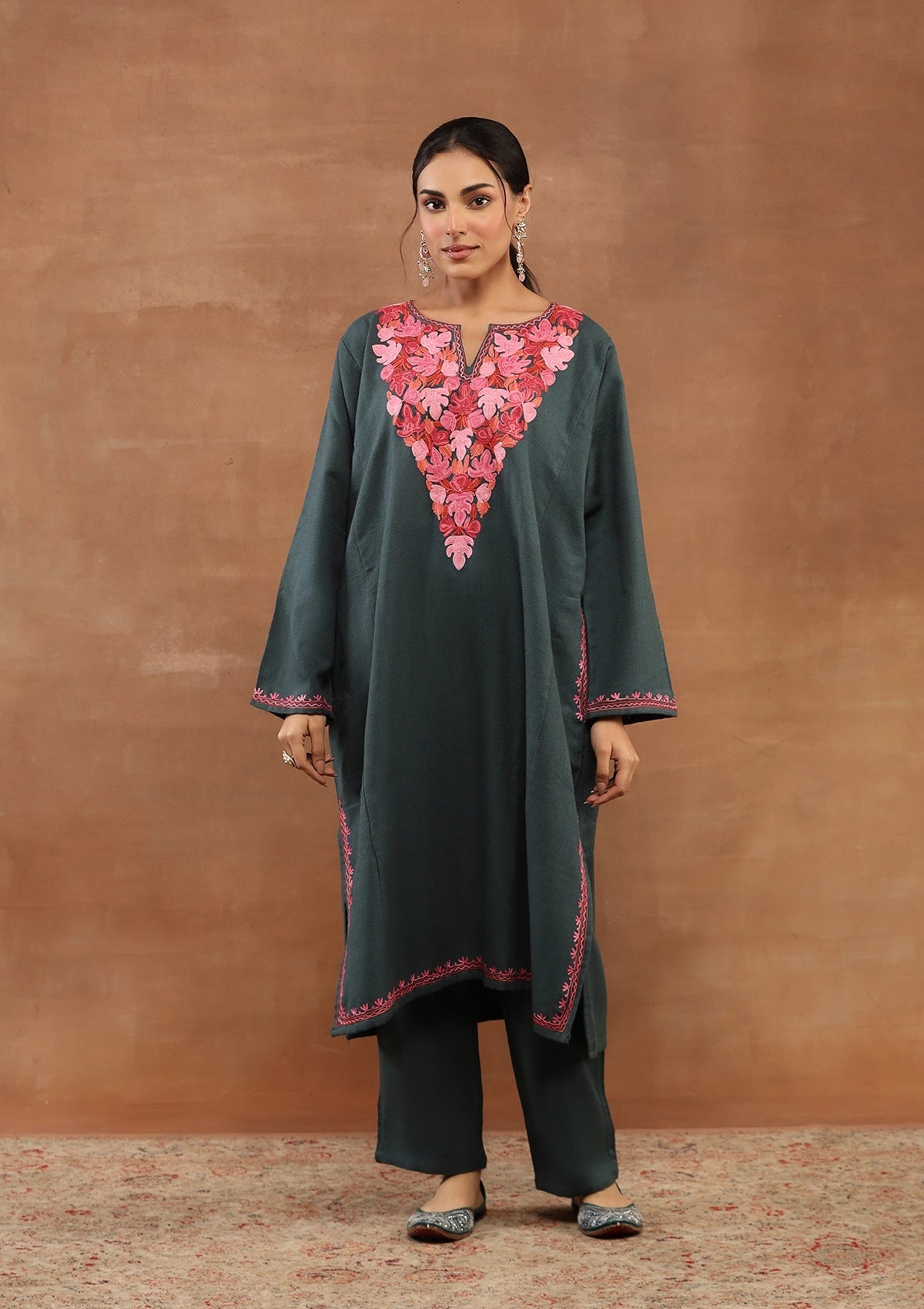 Dark Green color Embroidered Woolen Kurta