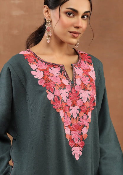 Dark Green color Embroidered Woolen Kurta