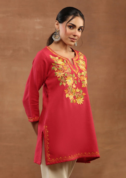 Red color Embroidered Woolen Kurta