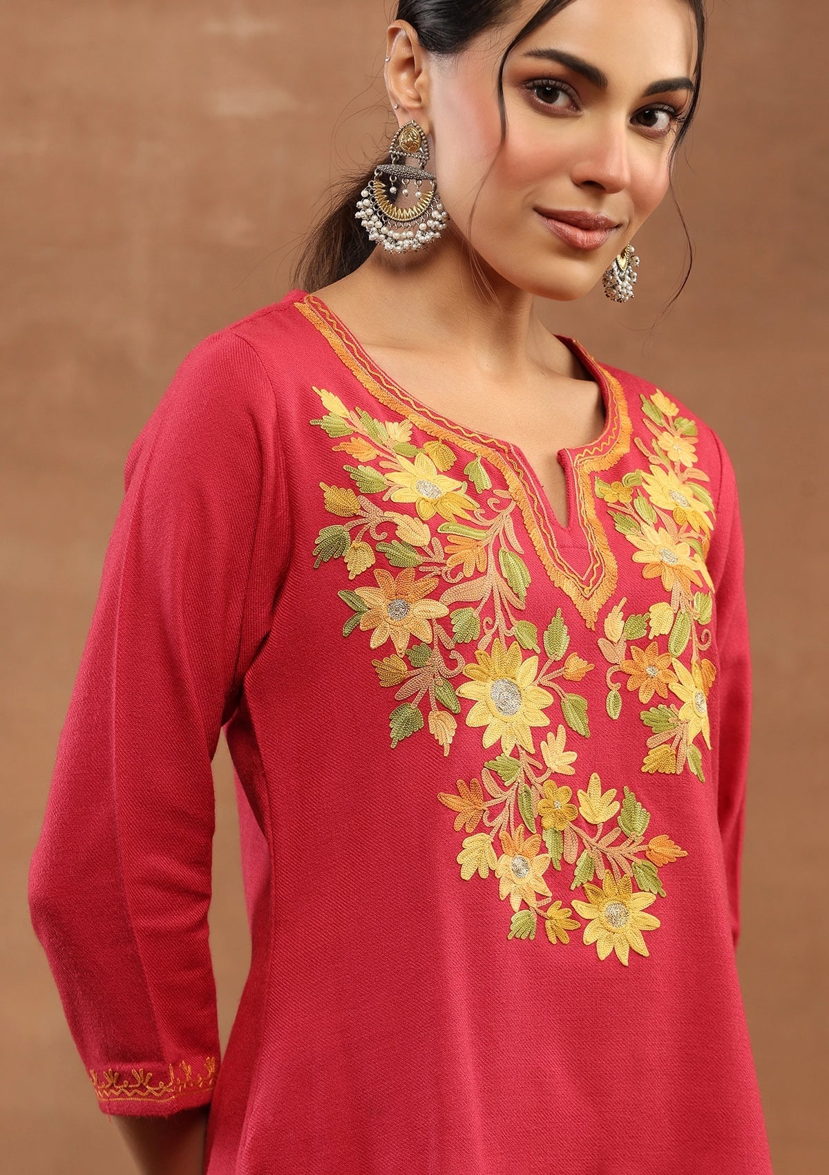 Red color Embroidered Woolen Kurta