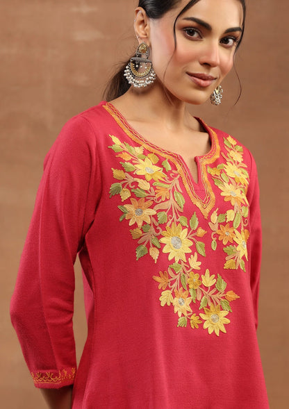 Red color Embroidered Woolen Kurta