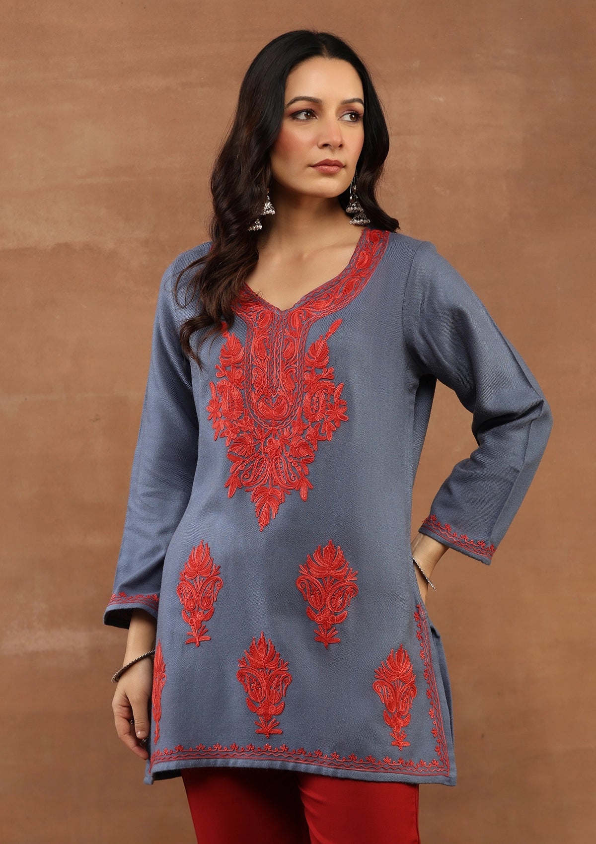 Dark Gray color Embroidered Woolen Kurta