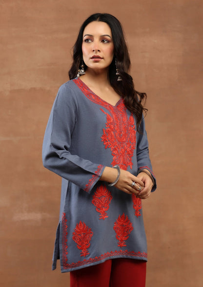 Dark Gray color Embroidered Woolen Kurta