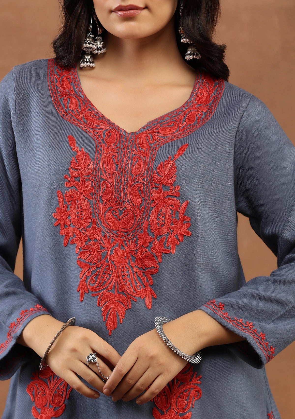 Dark Gray color Embroidered Woolen Kurta