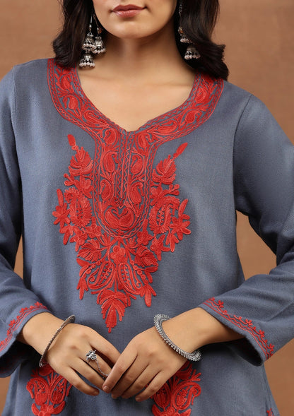 Dark Gray color Embroidered Woolen Kurta