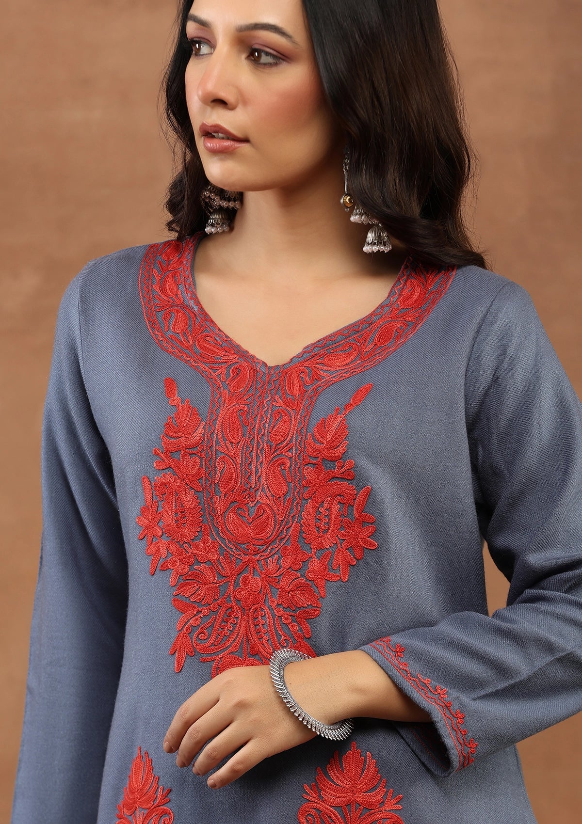 Dark Gray color Embroidered Woolen Kurta