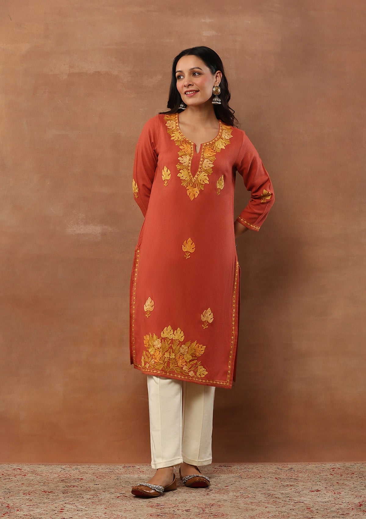 Rust color  Embroidered Woolen Kurta
