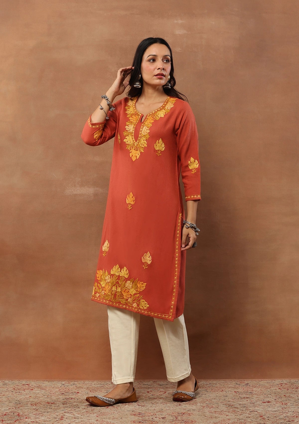 Rust color  Embroidered Woolen Kurta