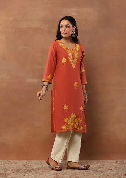 Rust color  Embroidered Woolen Kurta