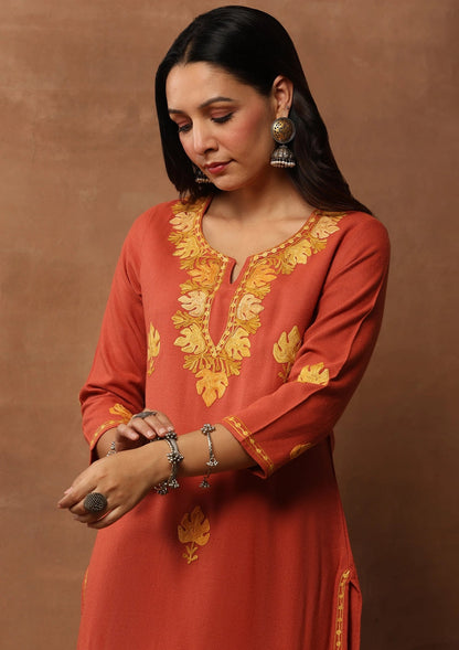 Rust color  Embroidered Woolen Kurta