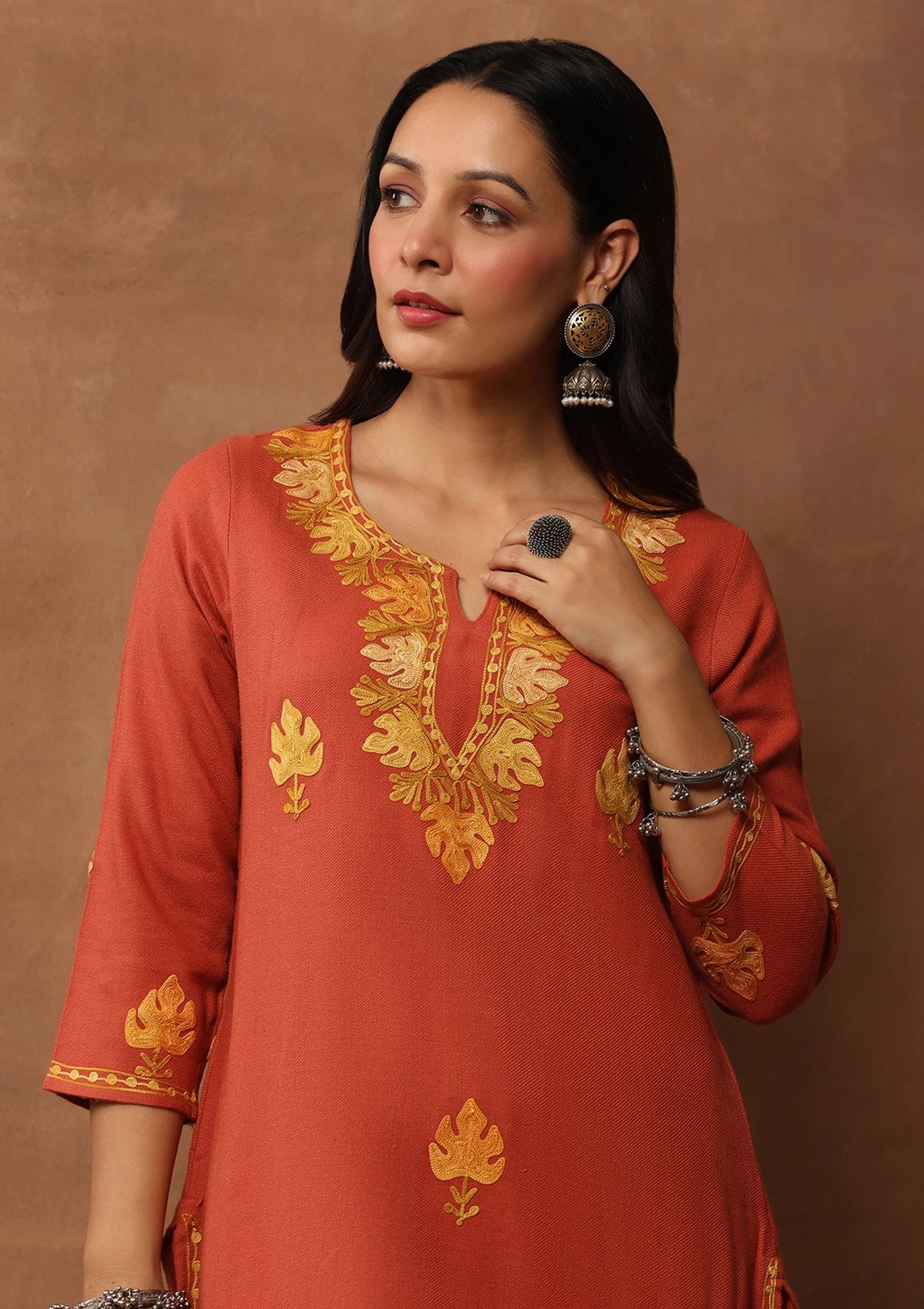Rust color  Embroidered Woolen Kurta