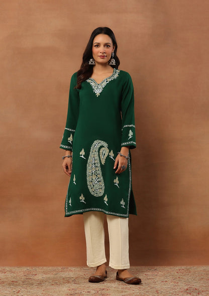 Emerald Green  Embroidered Woolen Kurta