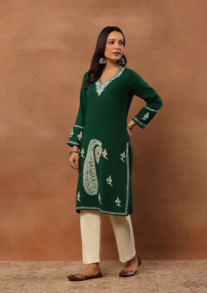 Emerald Green  Embroidered Woolen Kurta