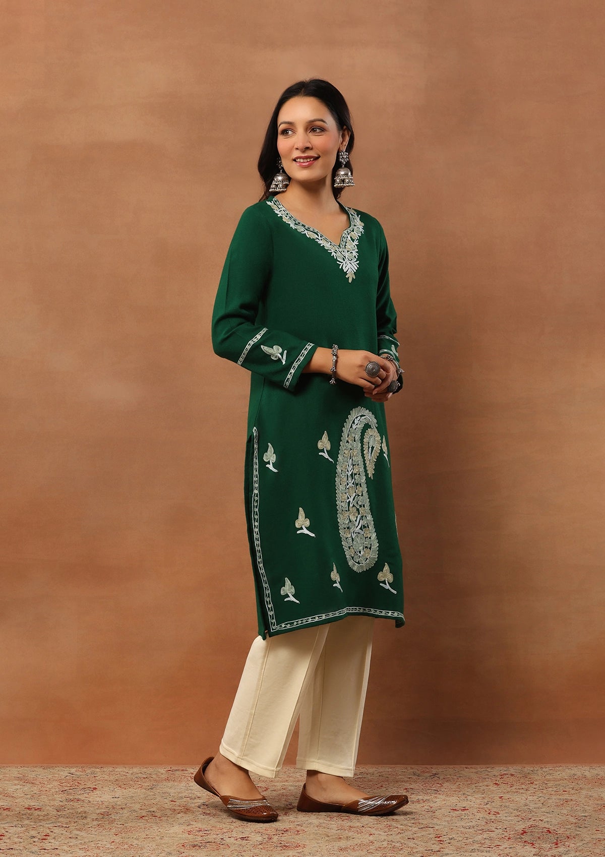 Emerald Green  Embroidered Woolen Kurta